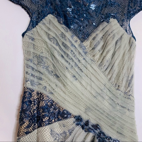 Tadashi Shoji lace beaded tulle navy grey layer full length drape gown formal 6 - Picture 3 of 10